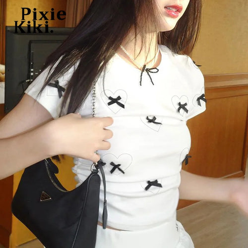 Load image into Gallery viewer, Korean Fashion Bows Crop Top White Baby Tees 2000s Y2k Cutecore Asian Style Clothes Female Summer T Shirts P84-BC15
