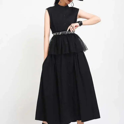 Load image into Gallery viewer, Women Khaki Split Pleated Long  Dress New Stand Collar Sleeveless Loose Fit Fashion Tide Spring Summer 2025 1Y353
