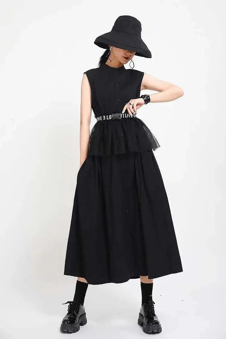 Women Khaki Split Pleated Long  Dress New Stand Collar Sleeveless Loose Fit Fashion Tide Spring Summer 2025 1Y353