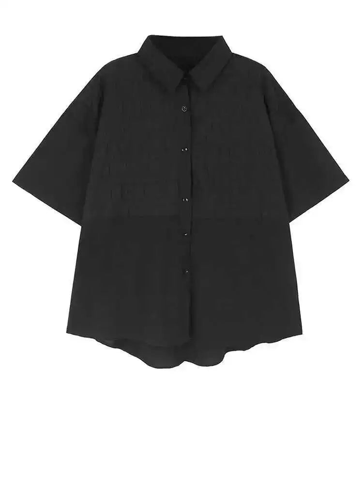 Women Green Plaid Pleated Big Size Casual Blouse New Lapel Short Sleeve Shirt Fashion Tide Spring Summer 2025 1DH6308