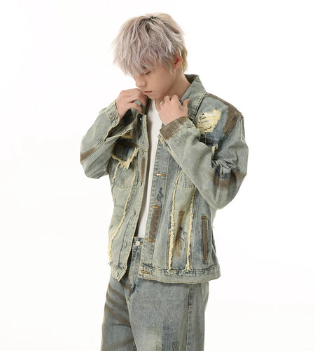 Niche Design Men's Two-piece Lapel Holes Contrast Color Single Breasted Denim Jackets Casual Straight Leg Male Jeans 9W1837