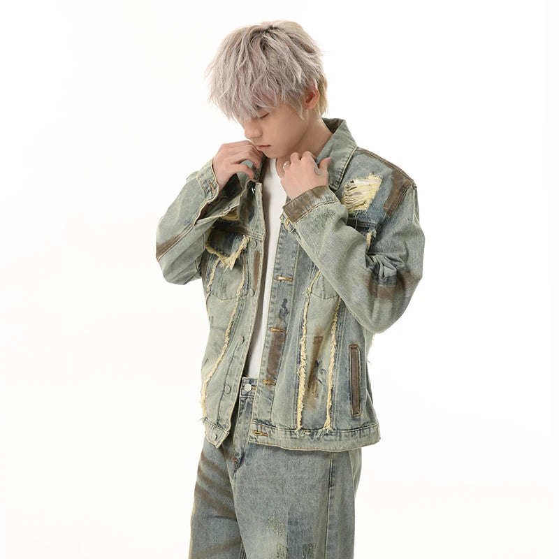 Niche Design Men's Two-piece Lapel Holes Contrast Color Single Breasted Denim Jackets Casual Straight Leg Male Jeans 9W1837