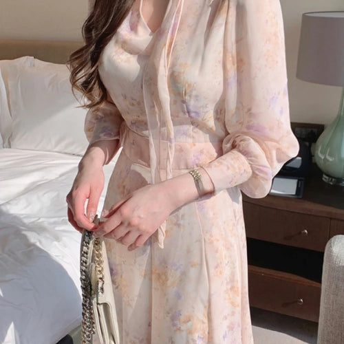 Load image into Gallery viewer, Jielur Spring Elegant V-Neck Midi Dress Female Long Sleeve Slim One Piece Dress Korean Fashion Vintage Floral Chiffon Dress Y2k
