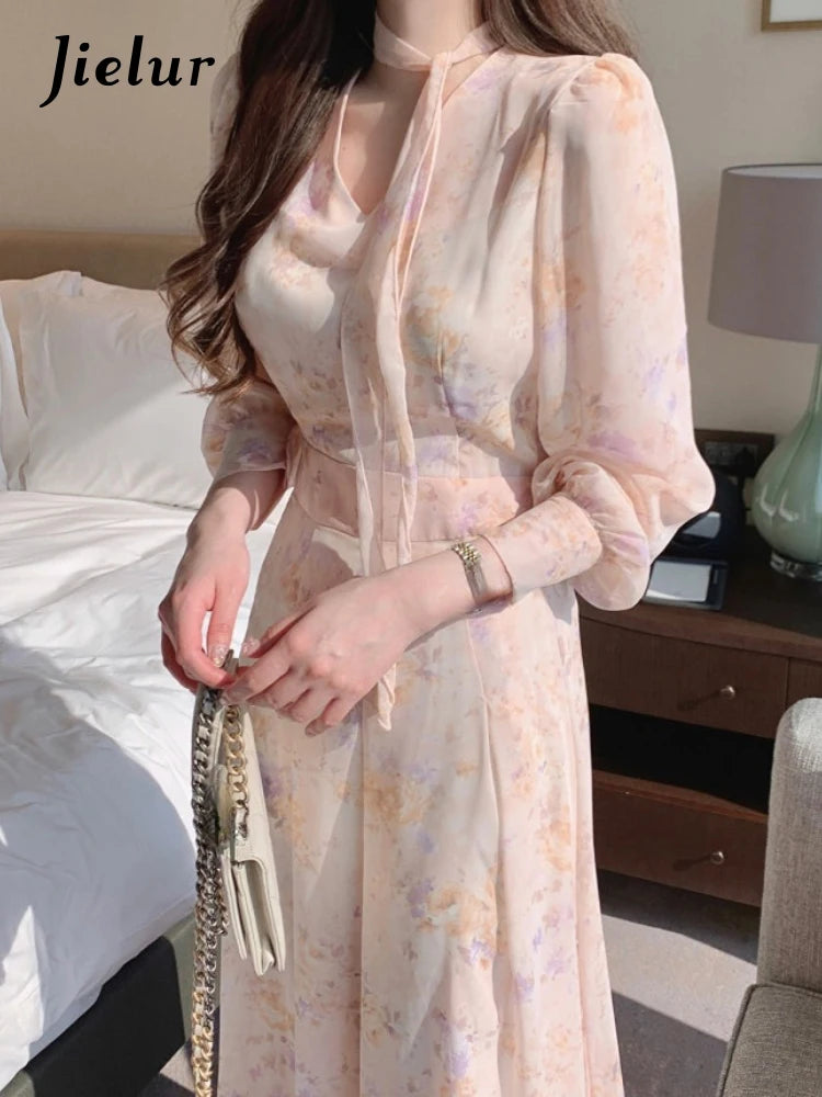 Jielur Spring Elegant V-Neck Midi Dress Female Long Sleeve Slim One Piece Dress Korean Fashion Vintage Floral Chiffon Dress Y2k