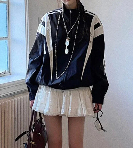 Streetwear Women Jacket Stand Neck Zipper Contrast Color Outwear Y2k Tops 2024 Ropa Mujer Casual Fashion Korean Vintage Coats