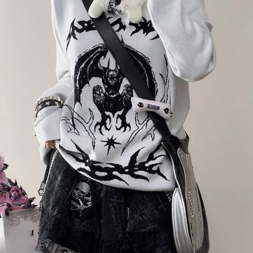 Load image into Gallery viewer, Oversized Harajuku Grunge Cartoon Jacquard Sweaters Streetwear Vintage Punk Jumpers Women Y2k Aesthetic White Casual Pullovers
