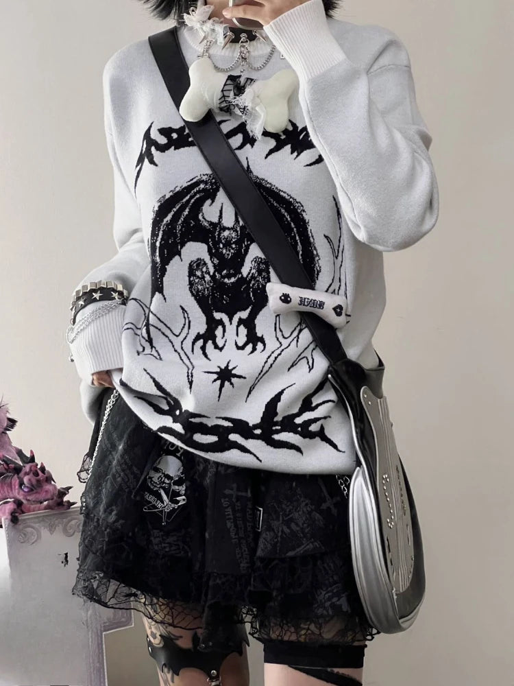 Oversized Harajuku Grunge Cartoon Jacquard Sweaters Streetwear Vintage Punk Jumpers Women Y2k Aesthetic White Casual Pullovers
