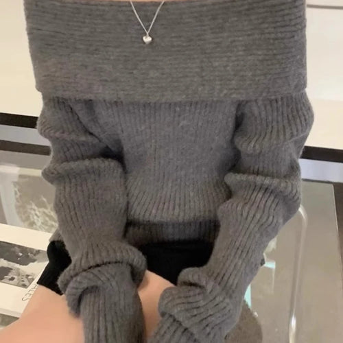 Load image into Gallery viewer, Harajuku Slash Neck Solid Sweaters Grunge Vintage Women Bottoming Pullovers Off Shoulder Y2k Aesthetic Casual Knitted Jumper
