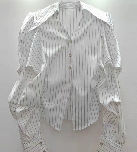 Solid Spliced Striped Temperament Shirts for Women Lapel Long Sleeves Patchwork Button Fashion Shirt Female Clothes