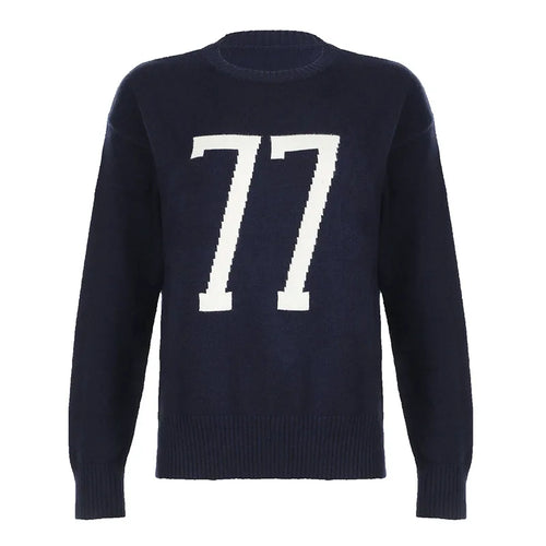 Load image into Gallery viewer, Casual Digital Print Dark Blue Women Sweater Korean Fashion Chic O-Neck Fall Winter Warm Pullover All Match Knitwears
