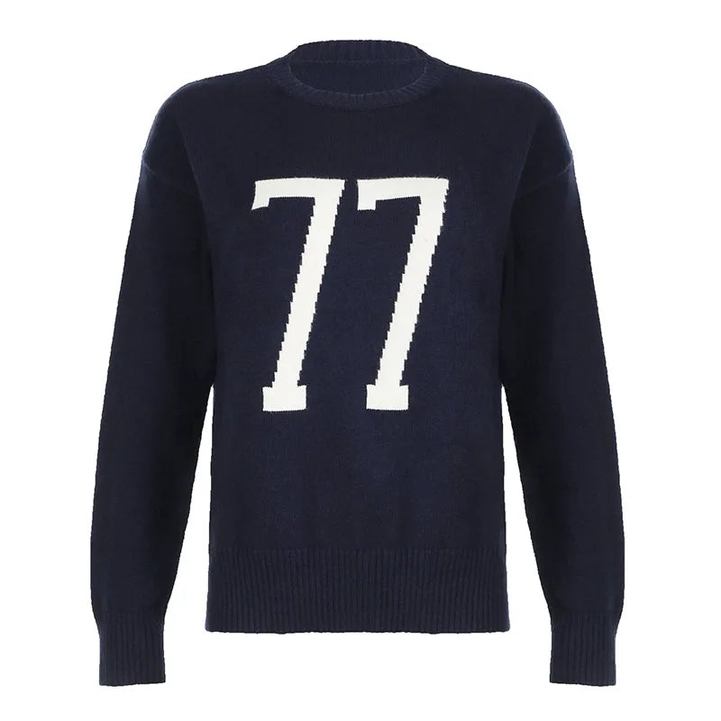 Casual Digital Print Dark Blue Women Sweater Korean Fashion Chic O-Neck Fall Winter Warm Pullover All Match Knitwears