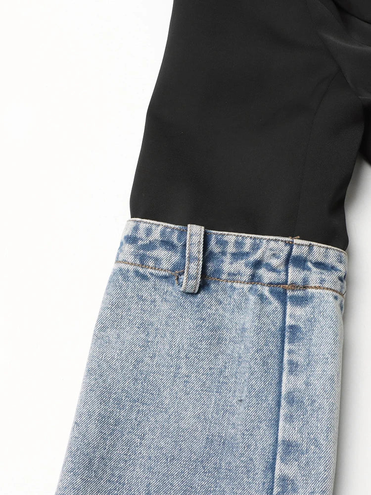 Hit Color Patchwork Denim Casual Jacket For Women Notched Collar Long Sleeve Spliced Belt Short Slimming Coat Female Style