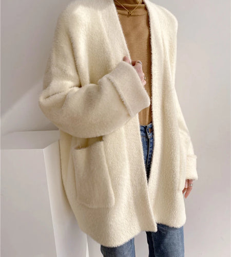 Big Size Camel Cashmere Knitting Cardigan Sweater Loose Fit V-Neck Long Sleeve Women New Fashion Autumn Winter 2025 1DD252