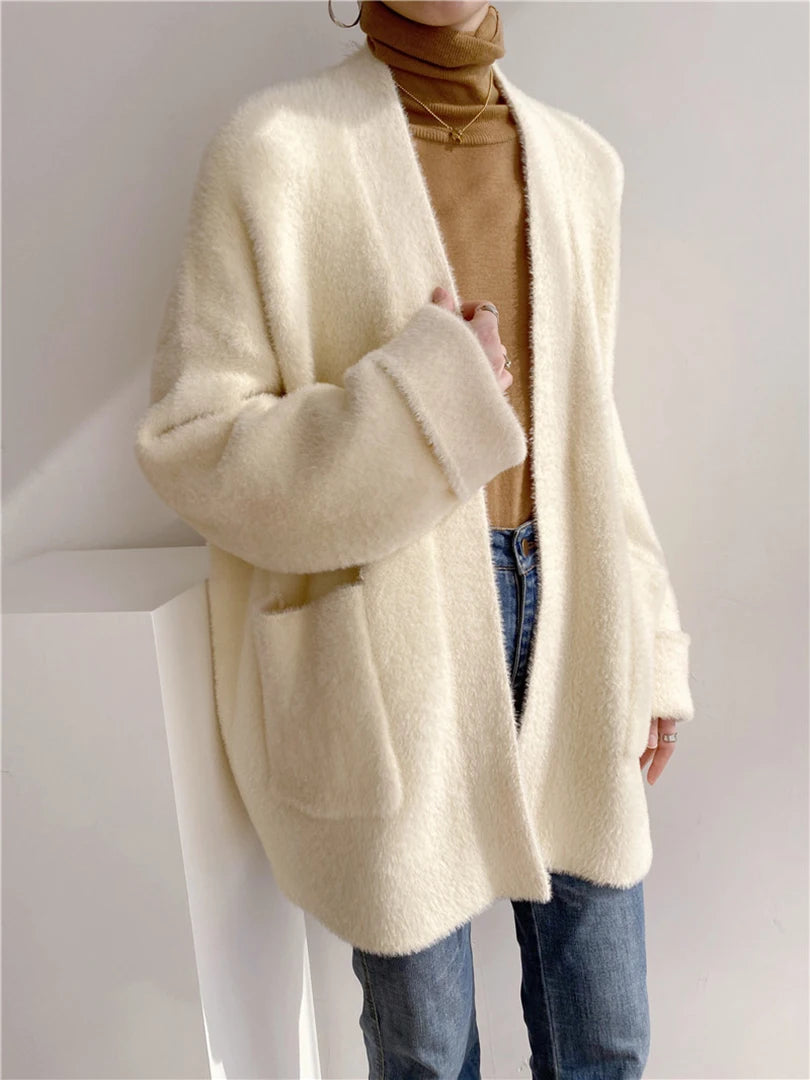 Big Size Camel Cashmere Knitting Cardigan Sweater Loose Fit V-Neck Long Sleeve Women New Fashion Autumn Winter 2025 1DD252