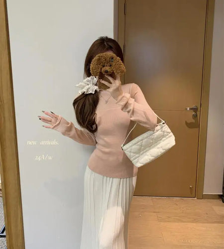 Retro Korean Version Women Solid Patchwork Elegant Knitted High Neck Sweater Autumn Winter Slim Pullovers Tops Simplicity Trendy