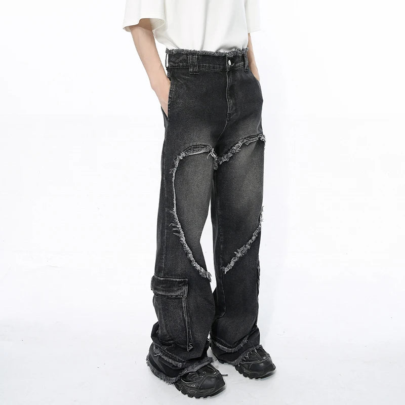 Male Jeans Personalized Design Raw Edge Straight Trousers Pocket Autumn Trendy Washed Denim Pants Trend 9C5091