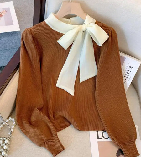 Black Patchwork Bow Collar Women Elegant Sweater Korean Chic Slim Knitted Long Sleeve Office Lady Pullover Top Autumn Winter New