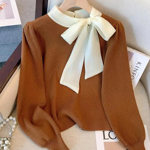 Load image into Gallery viewer, Black Patchwork Bow Collar Women Elegant Sweater Korean Chic Slim Knitted Long Sleeve Office Lady Pullover Top Autumn Winter New
