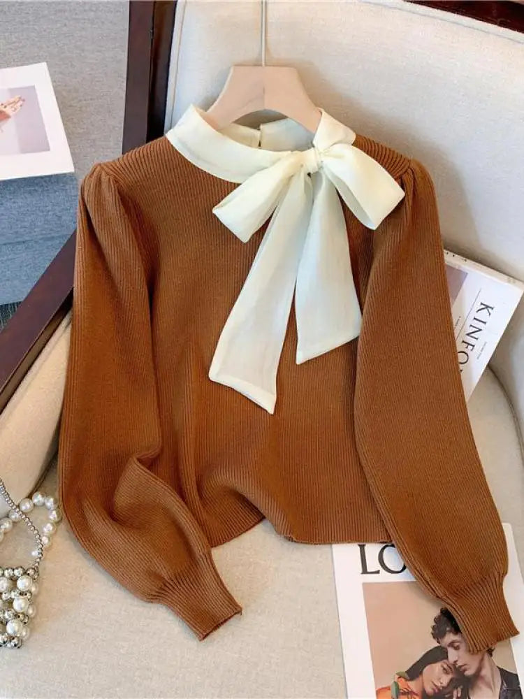Black Patchwork Bow Collar Women Elegant Sweater Korean Chic Slim Knitted Long Sleeve Office Lady Pullover Top Autumn Winter New