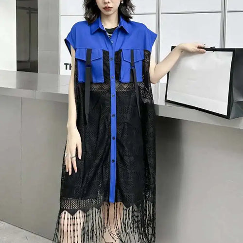 Load image into Gallery viewer, Women Army Green Lace Perspective Tassels Midi Shirt Dress New Lapel Sleeveless Fashion Tide Spring Summer 2025 1DH4540

