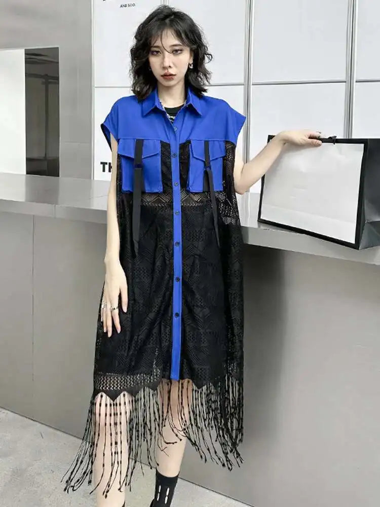 Women Army Green Lace Perspective Tassels Midi Shirt Dress New Lapel Sleeveless Fashion Tide Spring Summer 2025 1DH4540