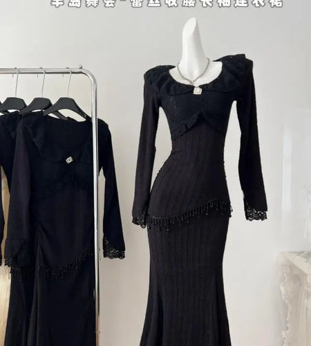 French Retro Women Beige Lace Long Sleeved Tassels Festival Party Dress Autumn Winter Black Slim Ruffles Package Hip Dress Trend