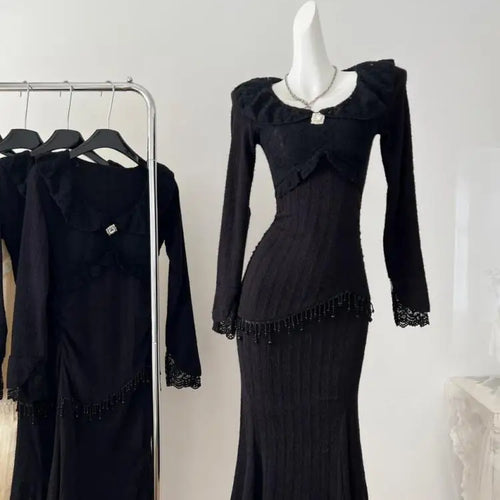 Load image into Gallery viewer, French Retro Women Beige Lace Long Sleeved Tassels Festival Party Dress Autumn Winter Black Slim Ruffles Package Hip Dress Trend
