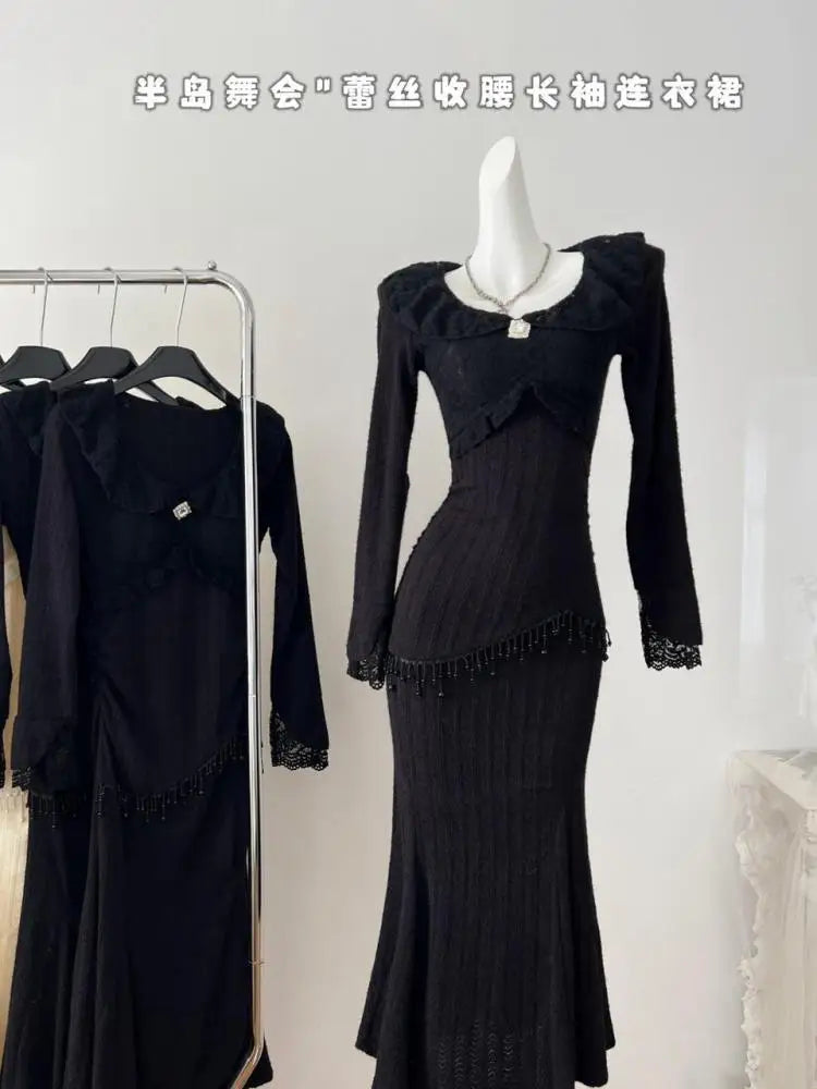 French Retro Women Beige Lace Long Sleeved Tassels Festival Party Dress Autumn Winter Black Slim Ruffles Package Hip Dress Trend