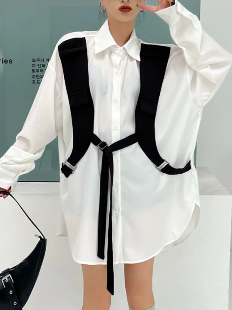 Colorblock Casual Loose Shirts For Women Lapel Long Sleeve Spliced Single Breasted Designer Blouses Female Fashion