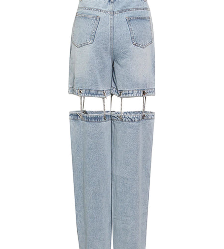 Summer Denim Wide Leg Jeans For Women High Waist Patchwork Chain Cut Out Solid Trousers Female Clothing Fashion