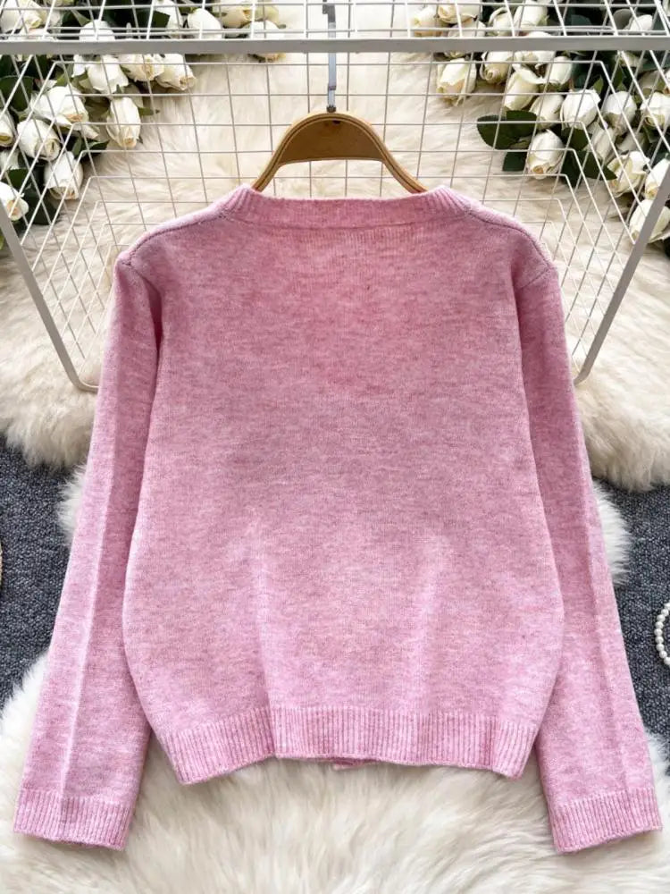 Women Ladies Fashion Embroidery Cardigans Tops Spring Autumn Y2k Vintage Round Neck Single Breasted Short Knitted Sweater Street