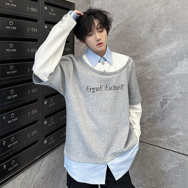 Male Sweatshirts Long Sleeve New Korean Turn-down Collar Design Patchwork Loose Men's Clothing Summer Men Tops 9W1606