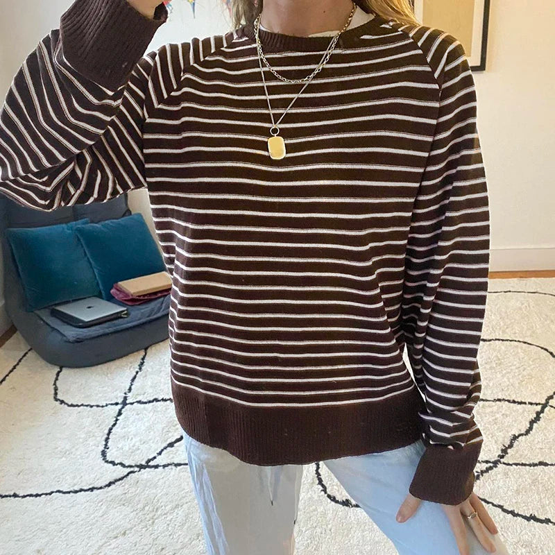 Vintage Loose Striped Women Sweater Harajuku Contrast Collor Knitted Pullover Tops Autumn Winter Y2K Aesthetic Jumper