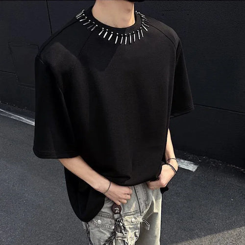 Load image into Gallery viewer, Summer Men&#39;s T-shirts Short Sleeve Round Collar Trendy Metal Decoration Loose Pad Shoulder Fashion Male Clothing 9W1710
