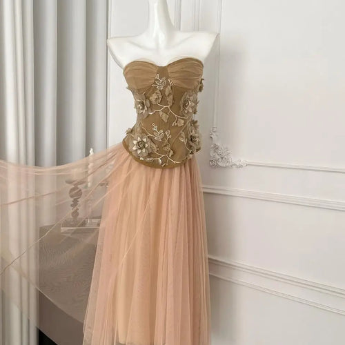 Load image into Gallery viewer, Summer French 2025 Women Purple Flower Embroidery Elegant Backless Strapless Tops And High Waist Mesh Long Skirt Two Piece Sets
