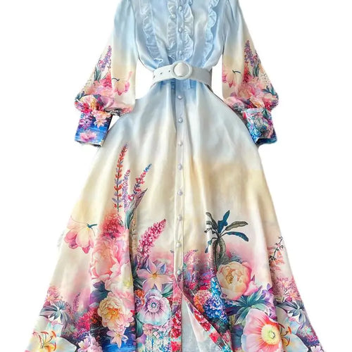 Load image into Gallery viewer, Autumn Retro Fashion Blue Flower Single Breasted Elegant Long Dress Women Stand Neck Long Sleeve Print Boho Evening Party Dress
