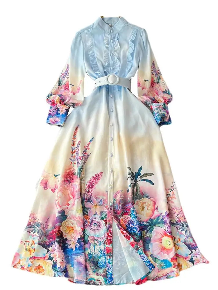 Autumn Retro Fashion Blue Flower Single Breasted Elegant Long Dress Women Stand Neck Long Sleeve Print Boho Evening Party Dress