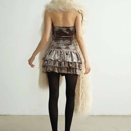 Load image into Gallery viewer, Women Apricot Silver Velvet Elegant Ruffles Mini Dress New Round Neck Sleeveless Fashion Tide Spring Autumn 20251DH8264
