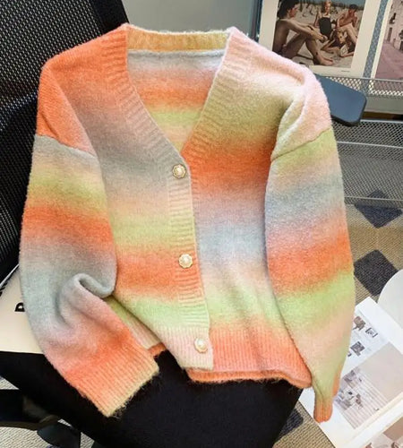 Autumn Winter French Retro Rainbow Colorblock Elegant Knitted Cardigan Tops Women V Neck Single Breasted Long Sleeve Sweater New