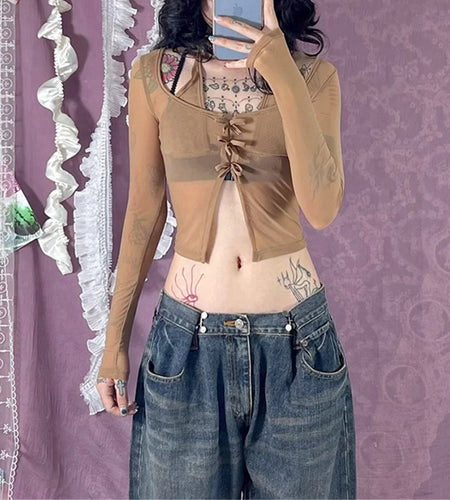 Women Crop Tops y2k Clothes Solid Color See Through Long Sleeve Mesh T Shirts with Bow 2000s Grunge Clothing Streetwear