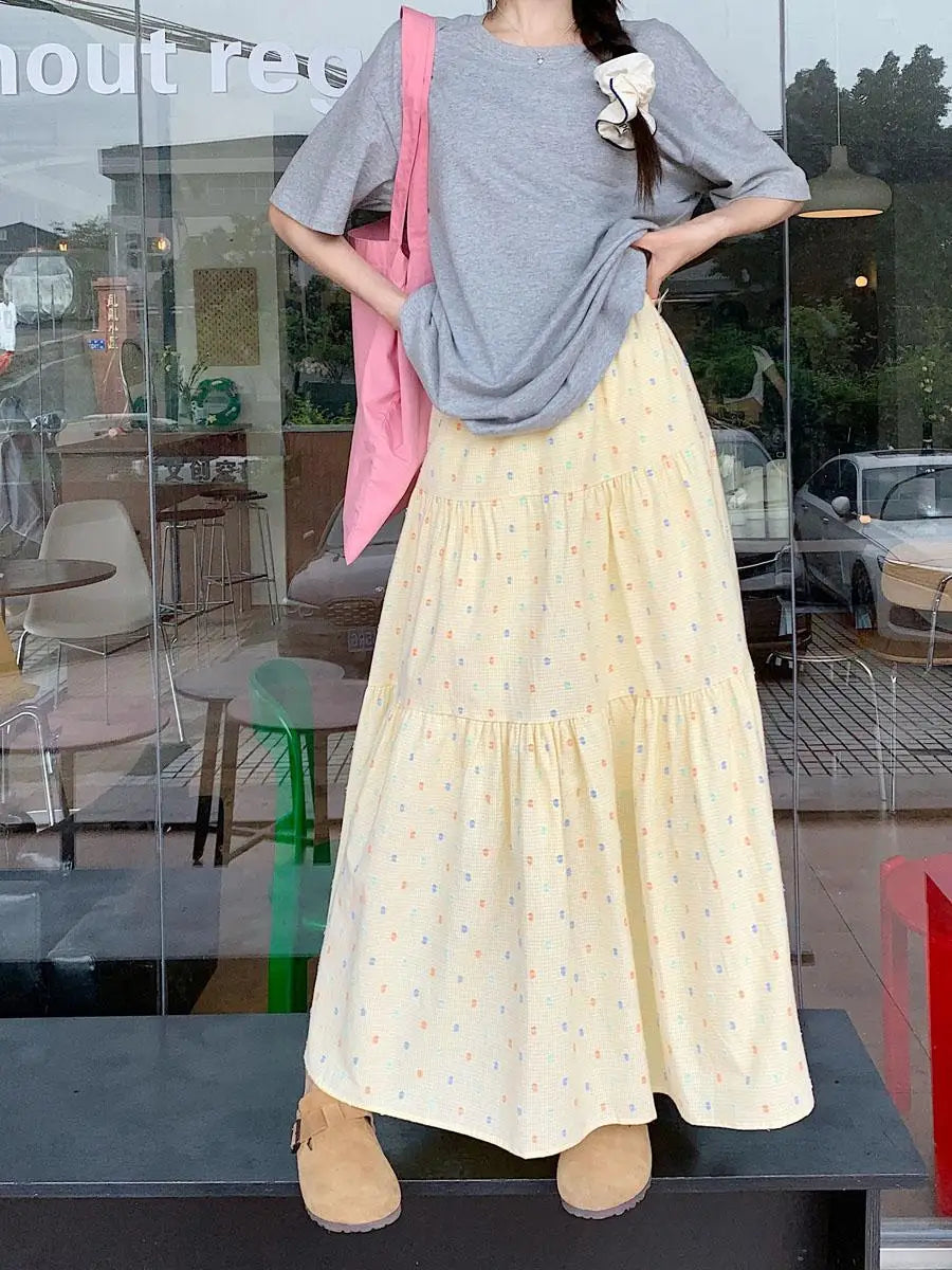 Korean 2024 Spring Summer Women Blue Embroidery Pleated Long Skirts Yellow Elastic High Waist Vacation Party Half Skirt Bohemian