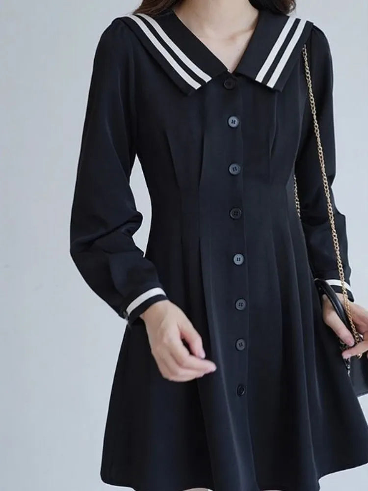 Preppy Style School Student Black Mini Dress Japanese Harajuku Long Sleeve Short Dresses Autumn Korean Fashion