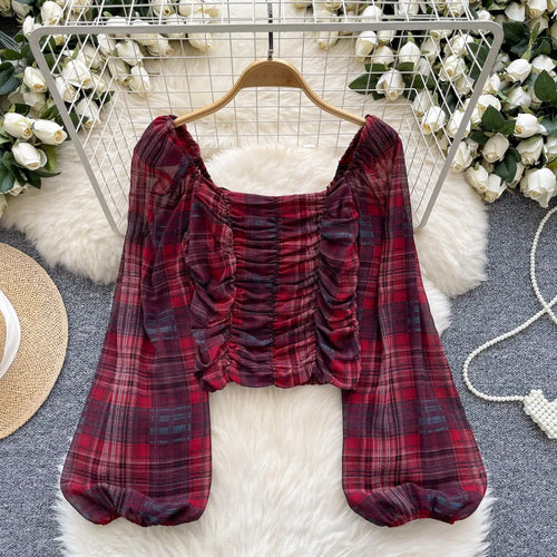 Load image into Gallery viewer, French Woman Plaid Long Sleeve Shirt Autumn Square Collar Slim Ladies Print Blouse Fashion Vintage Backless Short Pleated Tops
