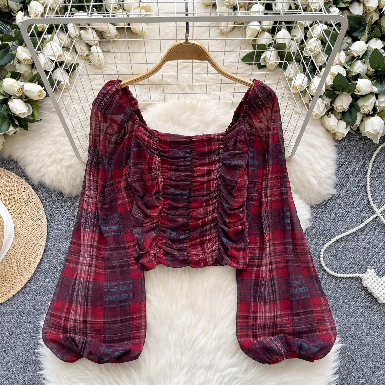 French Woman Plaid Long Sleeve Shirt Autumn Square Collar Slim Ladies Print Blouse Fashion Vintage Backless Short Pleated Tops