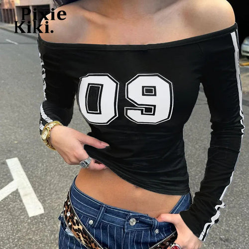 Load image into Gallery viewer, Black Cropped Tees Y2k Streetwear Off Shoulder Striped Long Sleeve Tops for Women Fall Fashion T Shirts P67-BB14
