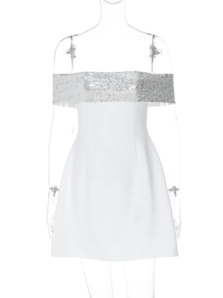 Off-shoulder Sequins Strapless Sexy Mini Dress Women Fashion Sleeveless Backless Sparkle High Waist Club Sexy Dress