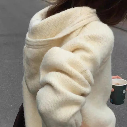Load image into Gallery viewer, Korean Fashion Women Beige Blue Elegant Loose Knitted Short Sweater Autumn Winter Orange Long Sleeve Hooded Pullover Tops Casual
