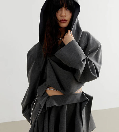 Dark Gray Zipper Irregular Short Big Size Jacket New Hooded Long Sleeve Women Coat Fashion Tide Spring Autumn 2025 1DH7219