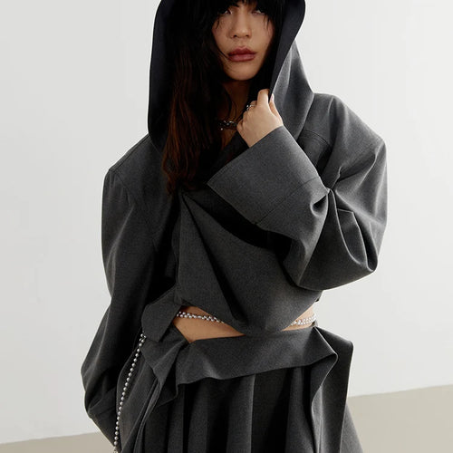 Load image into Gallery viewer, Dark Gray Zipper Irregular Short Big Size Jacket New Hooded Long Sleeve Women Coat Fashion Tide Spring Autumn 2025 1DH7219
