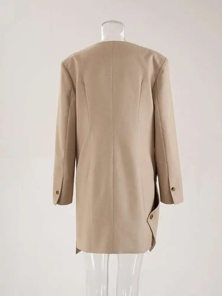 Women Khaki Irregular Button Slit Elegant Big Size Blazer New Lapel Long Sleeve Jacket Fashion Spring Autumn 2025 CPDB247